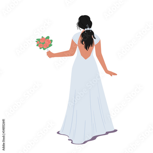 Stylish Bride in Elegant Dress with Open Back Rear View Isolated on White Background. Beautiful Female Character