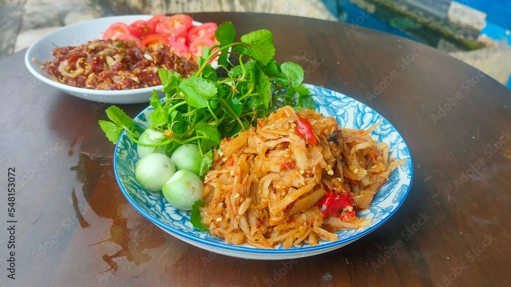 Thai Food, Isaan Food Dishes, Spicy Bamboo Shoot Stir Fried with vegetables. Stri fried pre boiled bamboo shoot and minced pork Thai Food, Isaan Food Dishes, Spicy Bamboo Shoot Stir Fried with vegetables. Stri fried pre boiled bamboo shoot and minced pork
