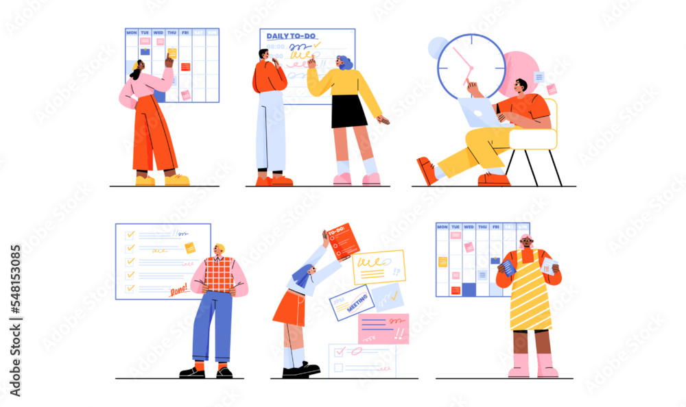 Time management, business planning with checklists, schedule, calendar and clock. Diverse people organize work and projects with to do list and plan, vector flat illustration