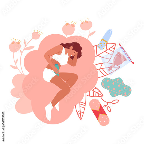 Girl In Underwear Lying with Warmer Suffering of Pain during Menstrual Period. Female Character Menstruation, Pms