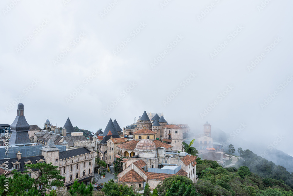 Landscape view of Castles is covered with fog at Bana Hills french village, Da Nang, Vietnam