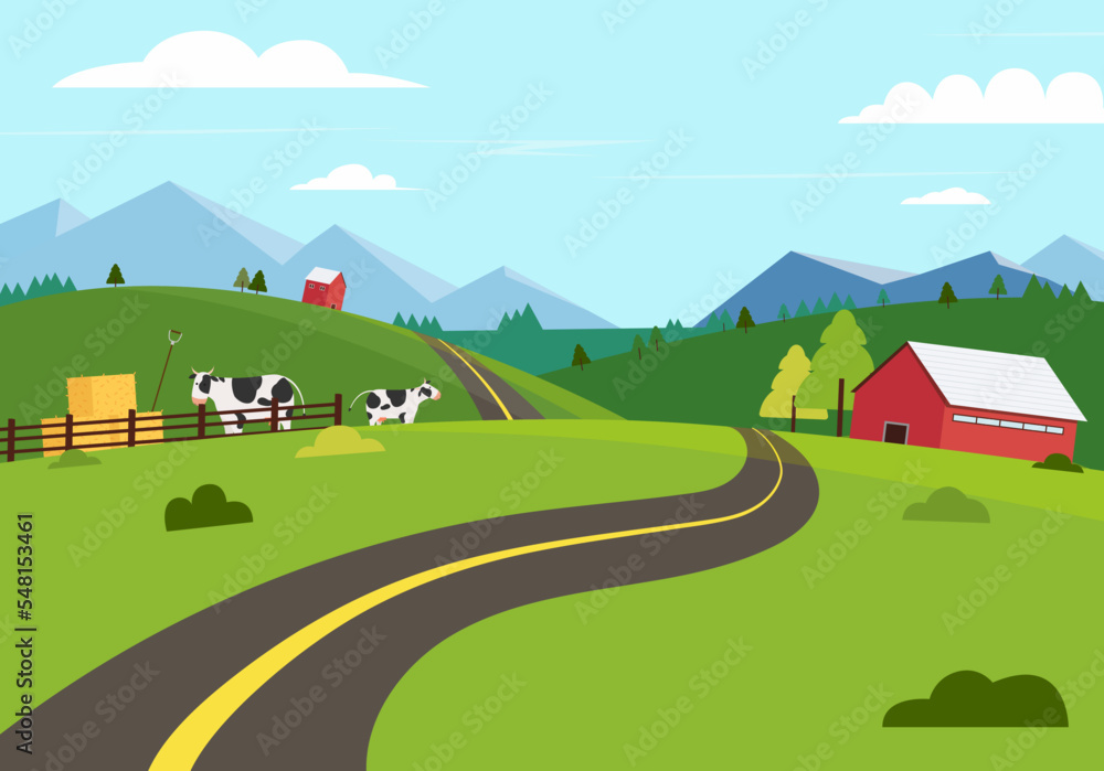Countryside with road , farm , cow and nature landscape.Rural scene summer.Farm and natural with pathway Countryside with road , farm , cow and nature landscape.Rural scene summer.Farm and natural with pathway