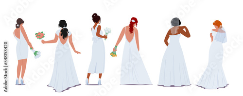 Set Of Beautiful Stylish Brides In Elegant Dress Rear View Isolated On White Background. Young Female Characters