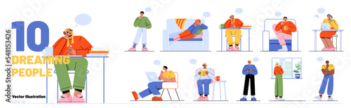 People dream, think while relax on couch and chair, look out window, standing and sitting at workplace. Diverse men and women with thought bubbles, vector flat illustration
