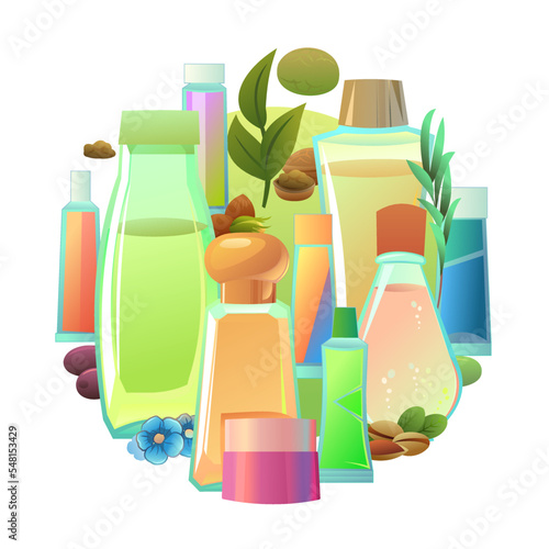 Cosmetics creams and natural oils picture in form of circle. Liquids for skin and hair care. Tinctures and medicinal useful nutritional compositions substances. Isolated on white background. Vector.