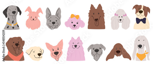 Fototapeta Naklejka Na Ścianę i Meble -  Cute and smile dog doodle vector set. Comic happy dog faces design of dalmatian, poodle, dachshund, bulldog with flat color, bow, scarf isolated on white background. Design for sticker, comic, print.
