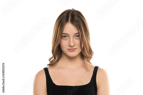 beautiful young women with long hair and no makeup on a white background.