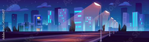 Car road with street lights and city buildings at night. Urban landscape with empty highway, houses, trees and stars in dark sky at evening, vector cartoon illustration