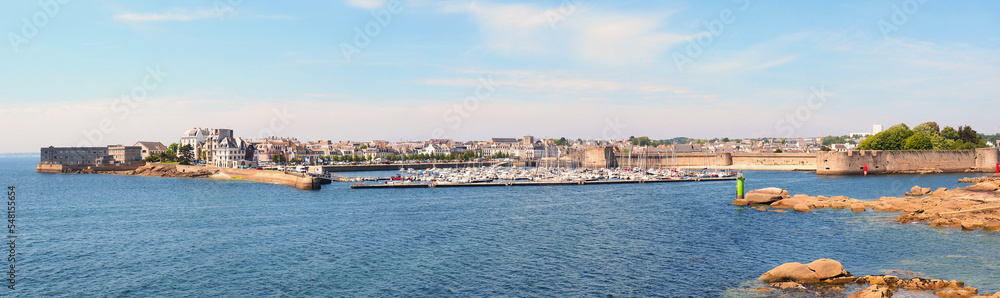 Panoramic view of the bay of Concarneau and the ramparts protecting the Ville Close de Concarneau, in Brittany in the far west of France