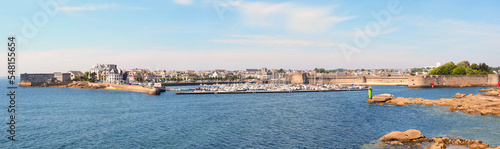 Panoramic view of the bay of Concarneau and the ramparts protecting the Ville Close de Concarneau, in Brittany in the far west of France