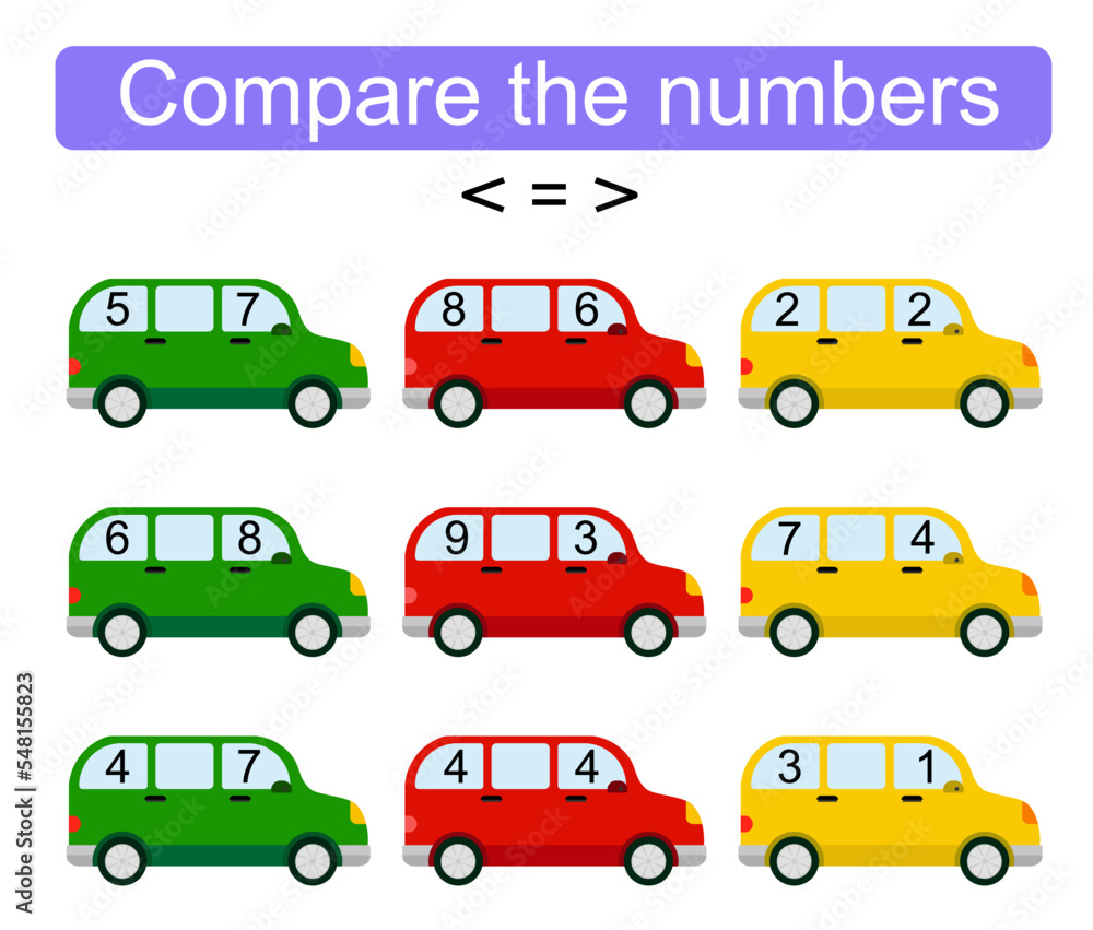 Math activity for kids. Compare the numbers. Number range up to 10. Vector illustration.