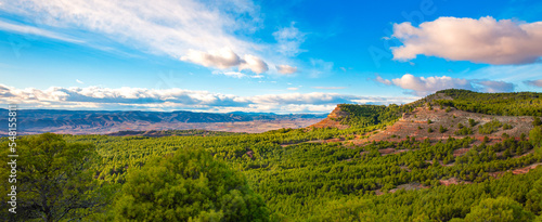 Aragon panoramic landscape view-  orange mountain,  forest and clouds ( sierra armantes,  Calatayud) © M.studio