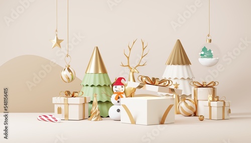 Christmas backgrounds with podium stage platform in minimal New year event theme. Merry Christmas scene for product display mock up banner. Empty stand pedestal decor in Xmas winter scene. 3D render.