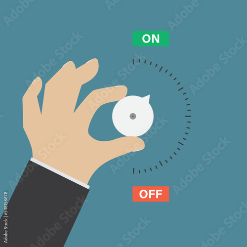 Businessman hand turning the regulator, switch on. Control panel, setting, slider for adjustment. Measuring scale with text - ON and OFF. Indicator, design template.