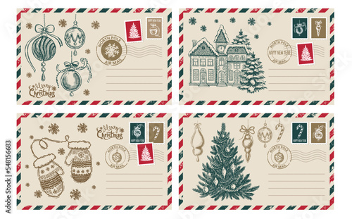 Christmas mail, postcard, hand drawn illustration.	
