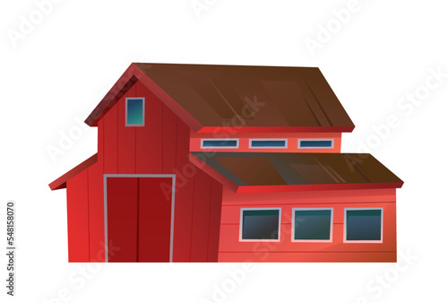 Rural farm red barn. Isolated on white background. Large livestock shed. Farmer design for growing pets and animals. Cartoon fun style. Flat design. Vector