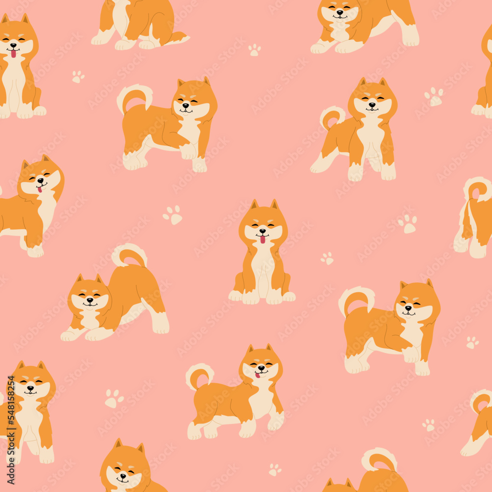 Seamless pattern with cute shiba inu dogs. Funny japanese smiling animals. Hand drawn vector illustration isolated on pink background. Modern flat cartoon style.
