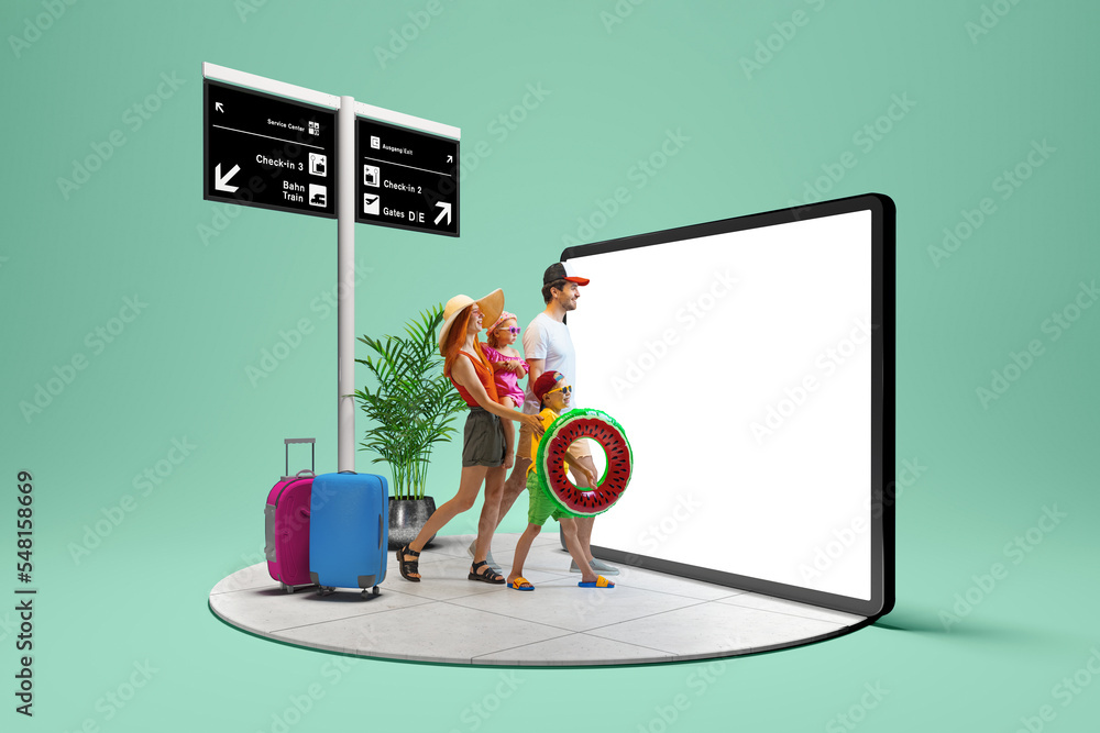 Happy family going to summer vacation trip using 3d model of phone with empty white screen isolated on green background. New app, holiday, travel, ad concept - obrazy, fototapety, plakaty 