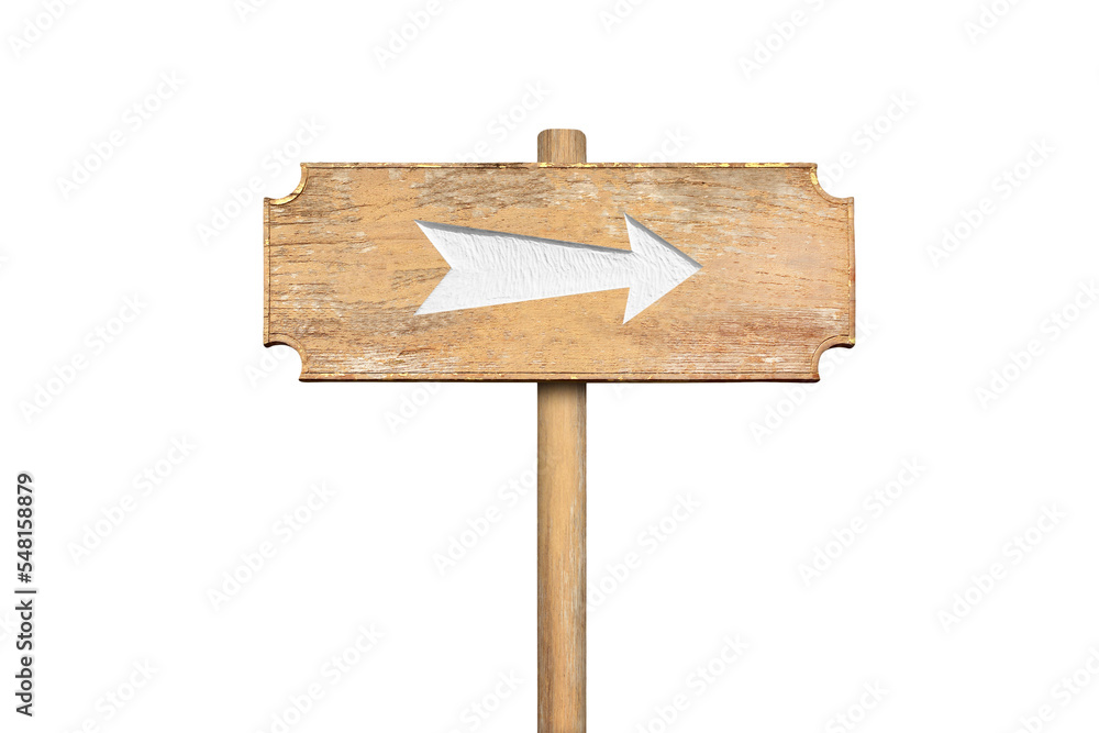 Wooden sign with arrow symbol isolated on white Wooden sign with arrow symbol isolated on white