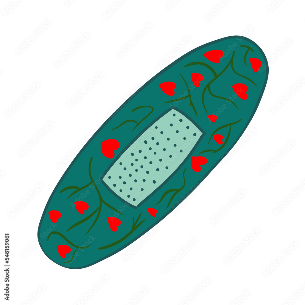 band-aid hand-drawn in cartoon style. on a white background, isolated. Dark green Color with a pattern in the form of vines and hearts band-aid hand-drawn in cartoon style. on a white background, isolated. Dark green Color with a pattern in the form of vines and hearts