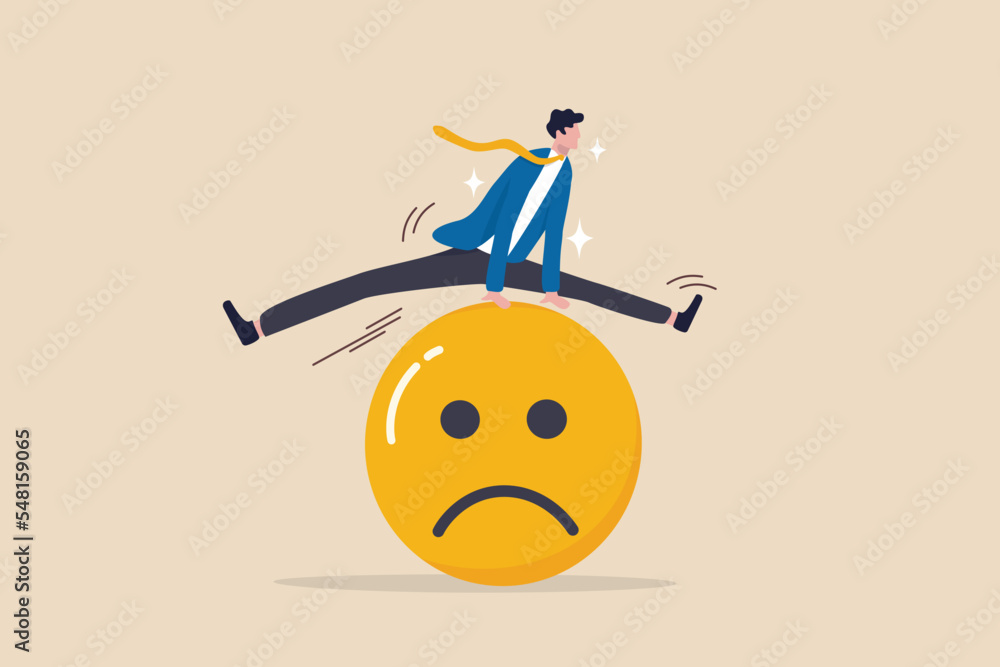 Overcome stress and anxiety, emotional problem, uncertainty or worried about work, depression or mental illness, sad and stressful concept, businessman jump over sad and negative emotion face. - obrazy, fototapety, plakaty 