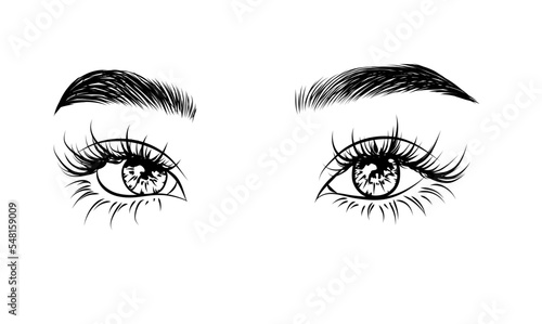 Trendy eye with anime lashes and natural eybrow, Eye logo for social media. 