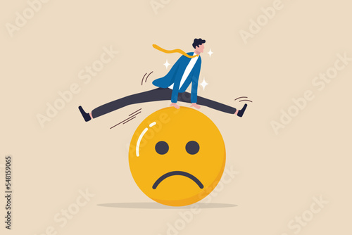 Overcome stress and anxiety, emotional problem, uncertainty or worried about work, depression or mental illness, sad and stressful concept, businessman jump over sad and negative emotion face.