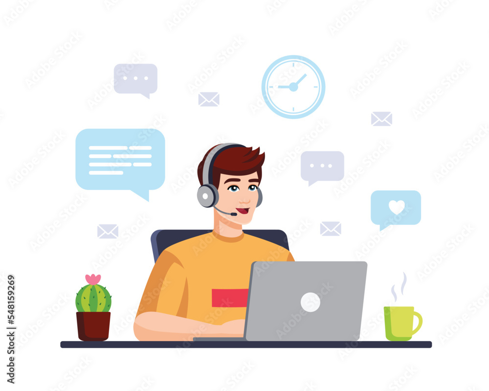 Man with computer, headphones and microphone . Concept illustration for support, assistance, call center. Call center Operator. Vector illustration in flat style Man with computer, headphones and microphone . Concept illustration for support, assistance, call center. Call center Operator. Vector illustration in flat style