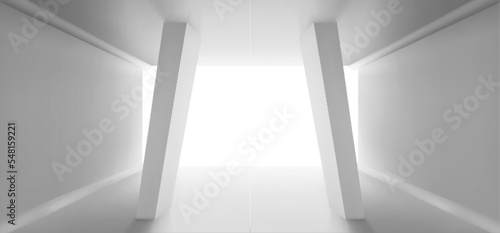 Abstract room, white corridor space, tunnel with beams hold ceiling and open light exit. Futuristic museum 3d render architecture construction design. Realistic wide gallery hall interior background