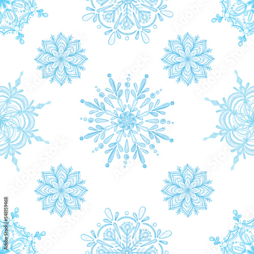 Seamless pattern with watercolor snowflakes. Christmas, Xmas, new year holiday illustration for fabric textile, wrapping paper.