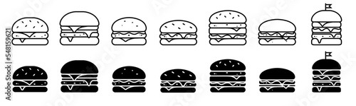 Burger vector icon set. hamburger illustration collection. Fast food Line art symbol.
