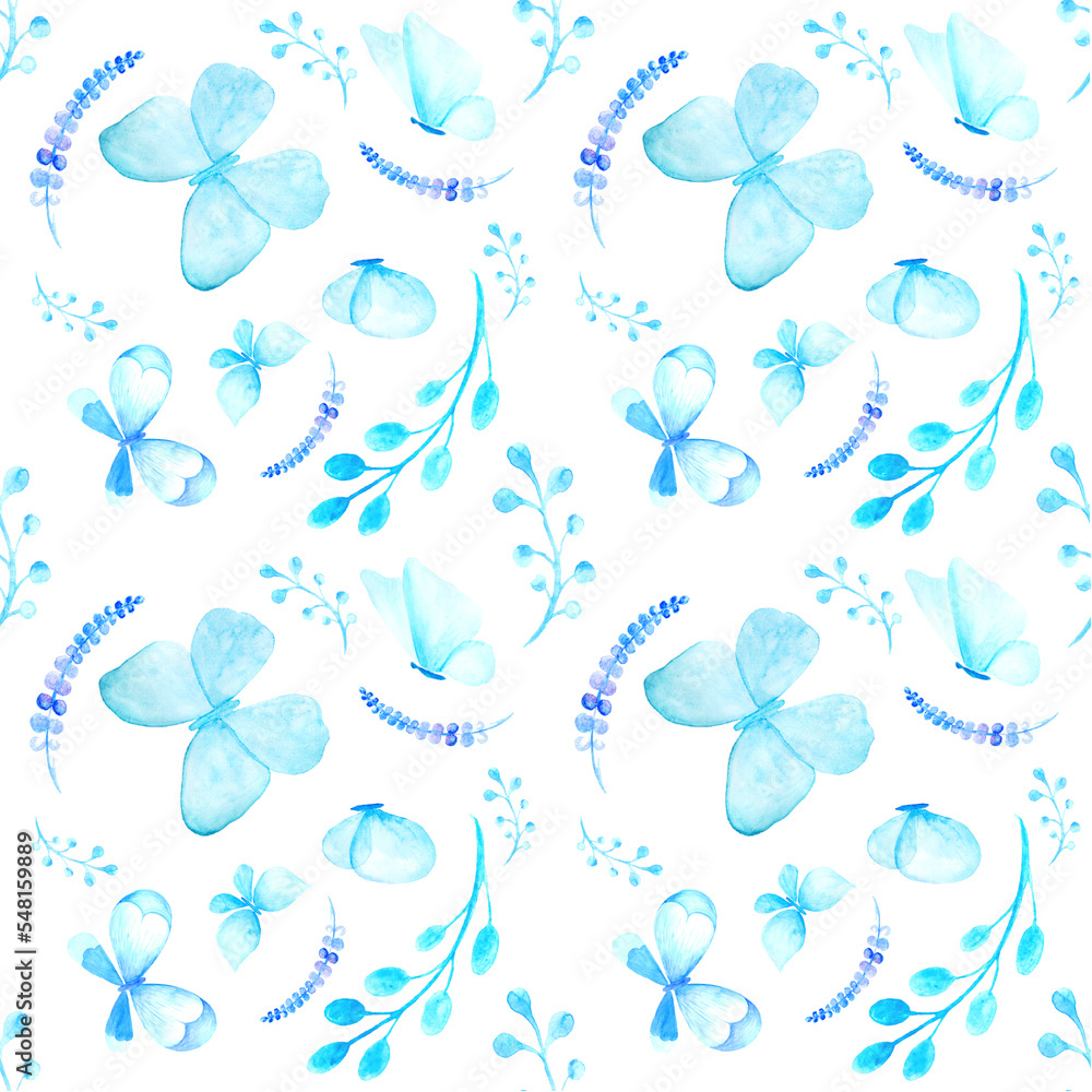 Pattern with blue flying butterflies. Hand drawn template for birthday ...