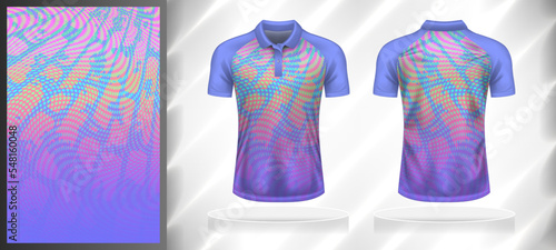 Vector sport pattern design template for Polo T-shirt front and back with short sleeve view mockup. Shades of purple-pink color gradient abstract geometric grunge texture background illustration.