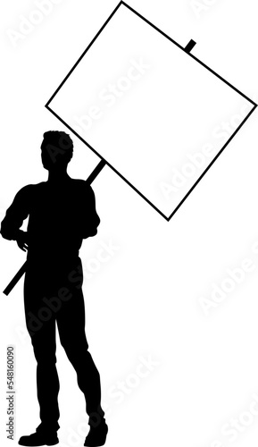 Protestor or demonstrator at a demonstration march, picket line or strike protest rally in silhouette. Holding up a banner or picket sign board placard.