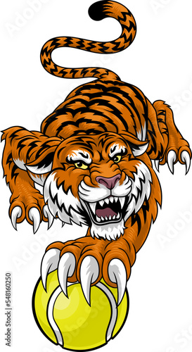 A tiger with a tennis ball sports team animal cartoon mascot