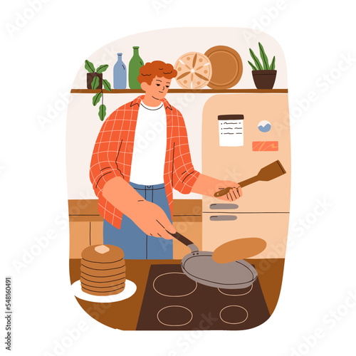 Man cooks pancakes at home kitchen in morning. Person cooking, flipping crepes on pan for breakfast. Homemade food, dish preparing process. Flat vector illustration isolated on white background