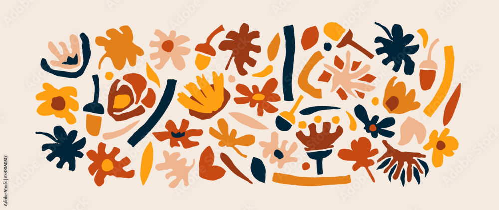 Set of surreal floral design elements. Colorful hand drawn plants and leaves collection. Childish cartoon graphics. Vector template
