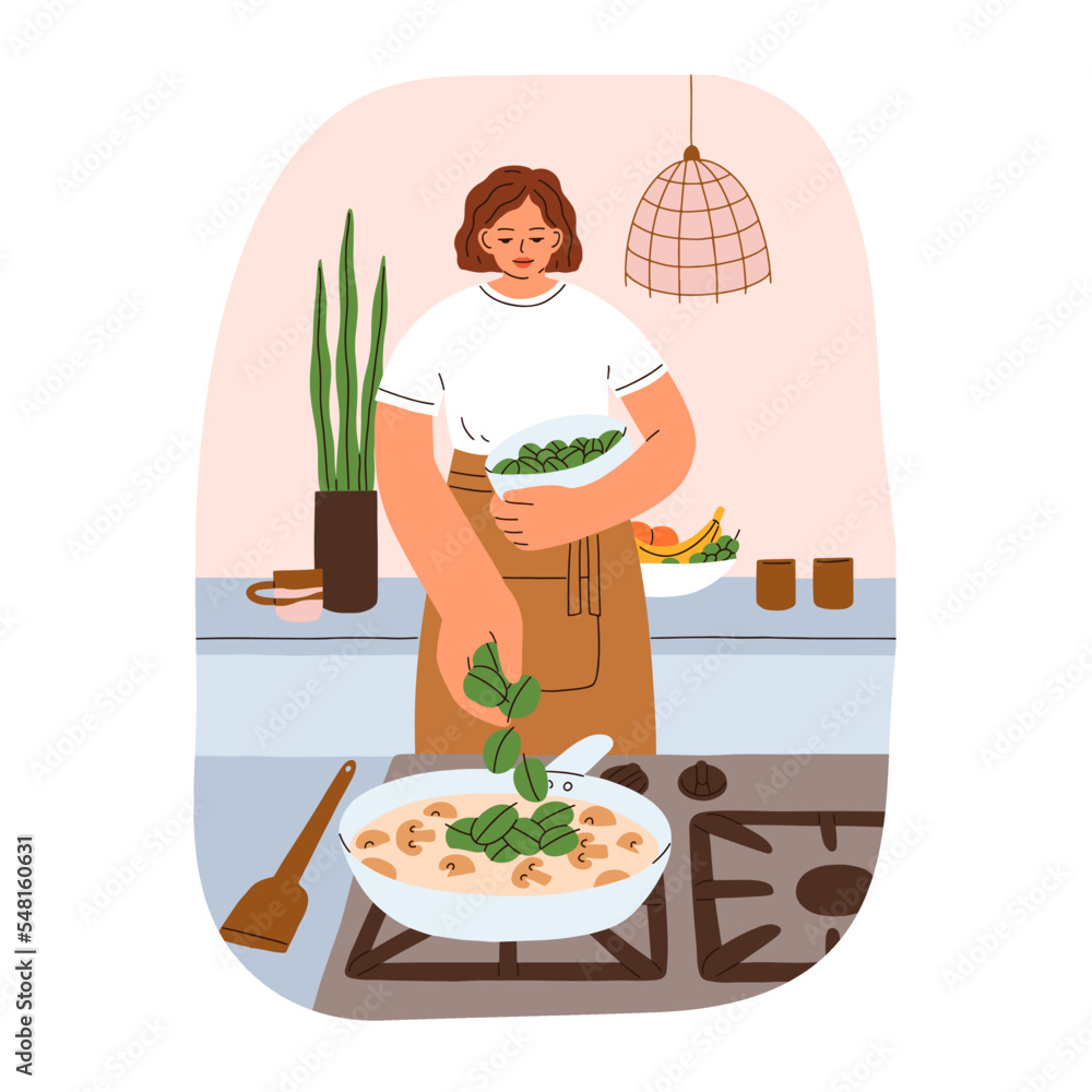 Woman cooks dinner at home.Girl cooking vegetarian dish with champignons mushrooms stewed in creamy sauce. Female with cooker and pan at kitchen. Flat vector illustration isolated on white background - obrazy, fototapety, plakaty 