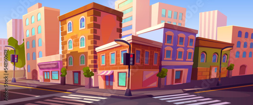 City crossroad, empty transport intersection with traffic lights, zebra, street signs, lamps. Summertime urban view, architecture, road infrastructure, buildings, trees, Cartoon vector illustration