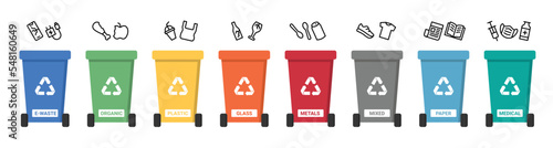 Dustbin garbage waste separation recycle of electronic waste, organic, plastic, glass, metals, mixed, paper and medical icons 
