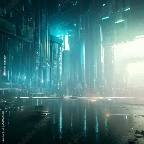A Holographic Image of a Harbor City With a Dock, Streets, and Buildings - Electrofuturistic Art