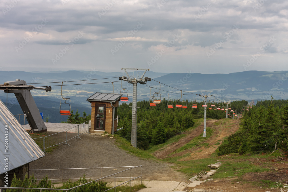 Empty chairlift in Jesenik mountains, upper station of chairlift
