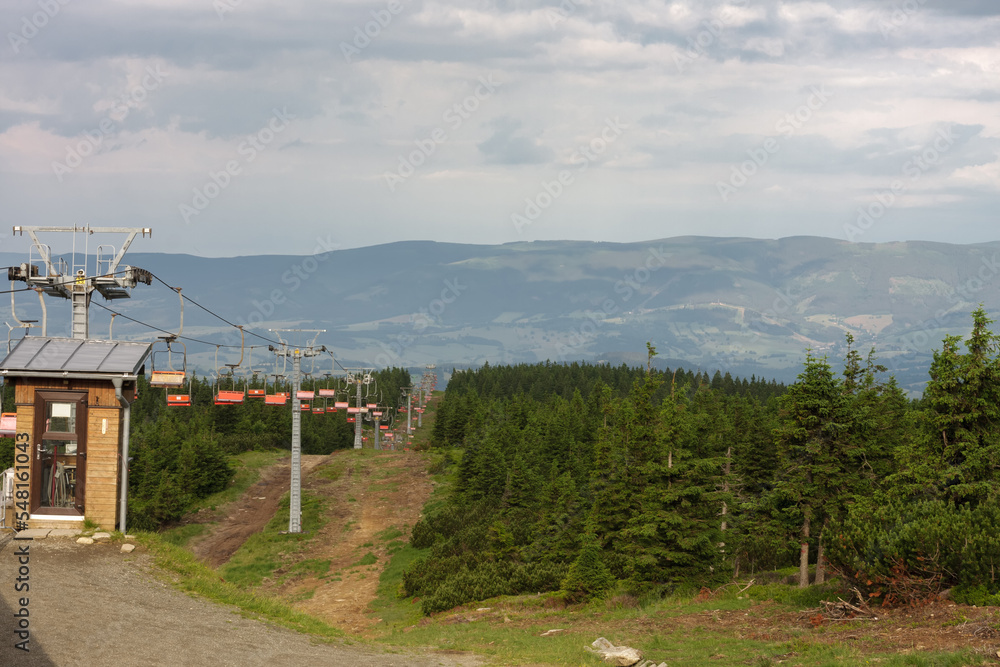 Empty chairlift in Jesenik mountains, upper station of chairlift