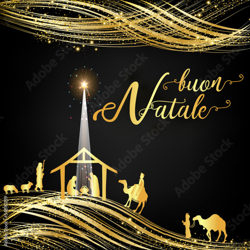 biglietto o striscione Buon Natale in oro su fondo nero con glitter e presepe con animali e Re Magi in oro