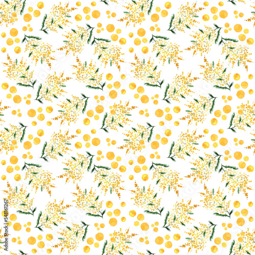 Spring floral background hand-drawn in watercolor. Yellow branches of mimosa drawn in sketch style. Acacia silvery seamless pattern for fabric textile, wrapping paper.