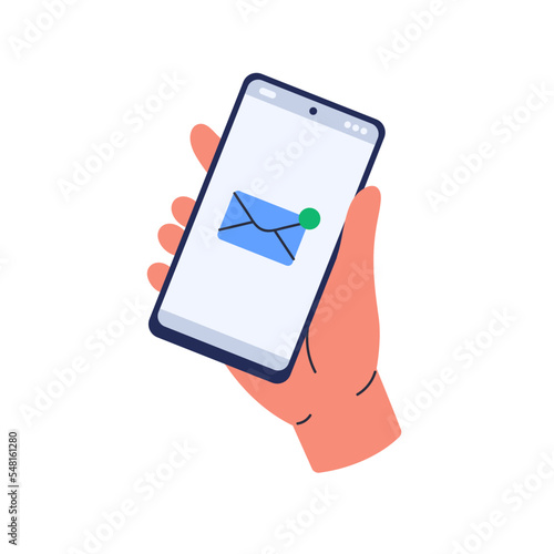 Inbox mail in cell phone app. Smartphone in hand with new message, unread letter. Incoming email, receiving sms on mobile telephone screen. Flat vector illustration isolated on white background