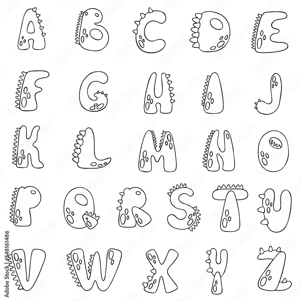 Outline english alphabet in dino style. Vector illustration. Outline english alphabet in dino style. Vector illustration.