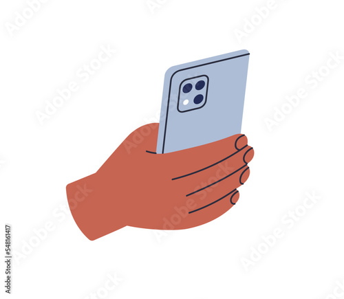 Holding mobile phone in hand, taking photo with smartphone camera. Shooting photographing with cellphone. Recording video, using modern telephone. Flat vector illustration isolated on white background