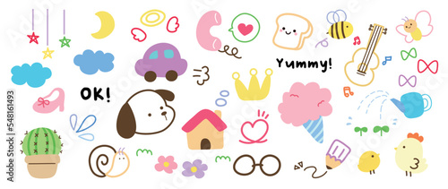 Cute doodle elements vector set. Hand drawn vibrant color collection of car, dog, cactus, house, ice cream, guitar, phone, smile bread isolated on white background. Design for sticker, comic, print.