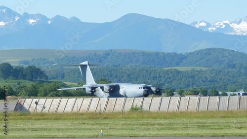 Airbus A400M Atlas Of The Belgian Air Component At Tarbes–Lourdes–Pyrénées Airport In Lourdes, France. Mountain Range In Background. wide photo